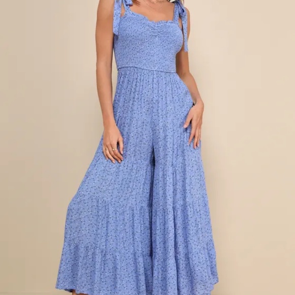 Lulus periwinkle Floral Smocked Tie-strap Jumpsuit - Picture 5 of 5